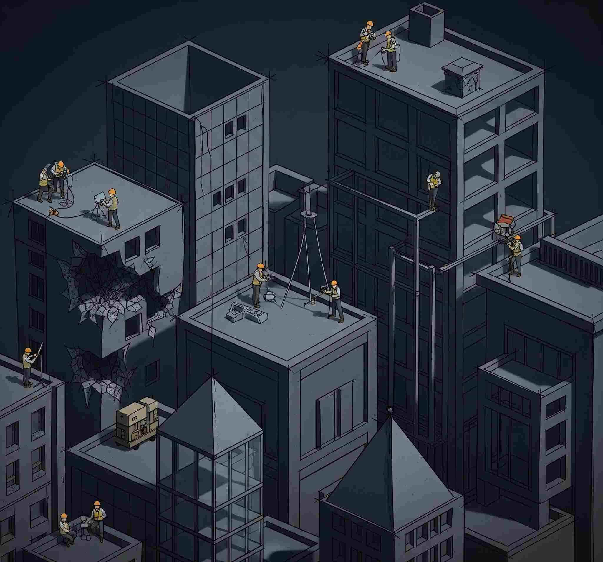 Engineers working on buildings in a city skyline, illustrating structural assessment and design.