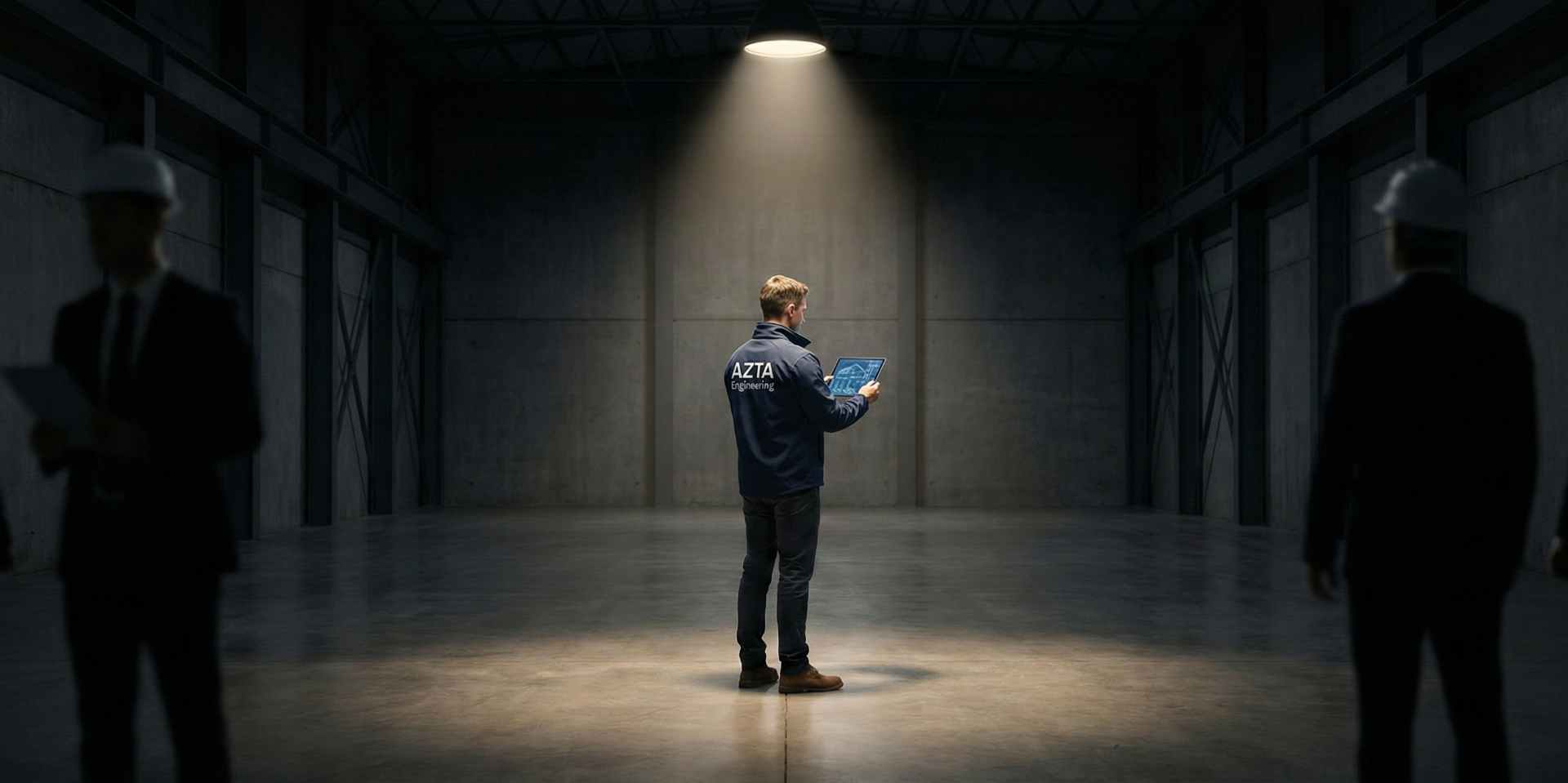 AZTA Engineering specialist conducting forensic structural investigation with digital blueprints in industrial facility