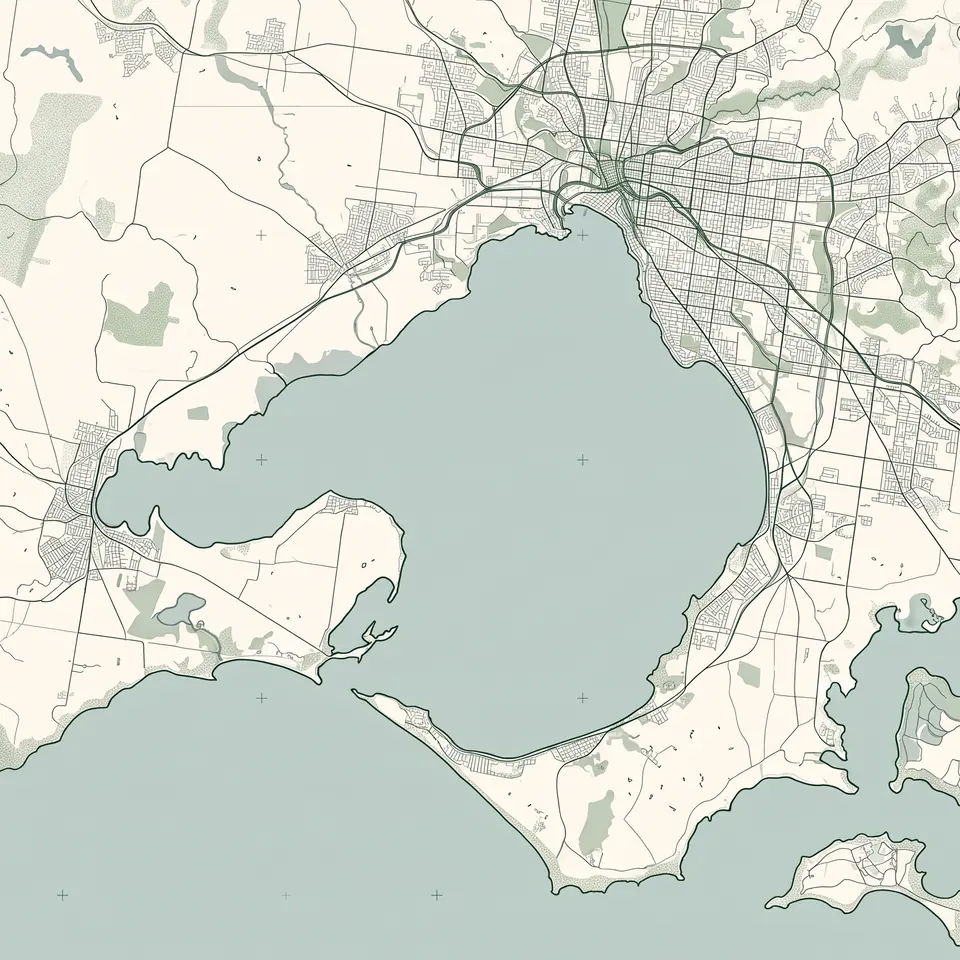 Illustrative architectural map with Port Phillip Bay centred and Melbourne's surrounding metropolitan area